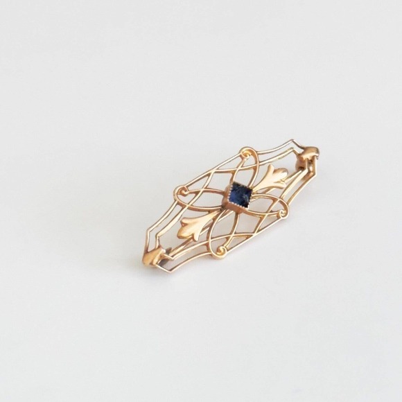 Vintage 10K Yellow Gold Blue Stone Small Brooch Pin - Picture 3 of 8